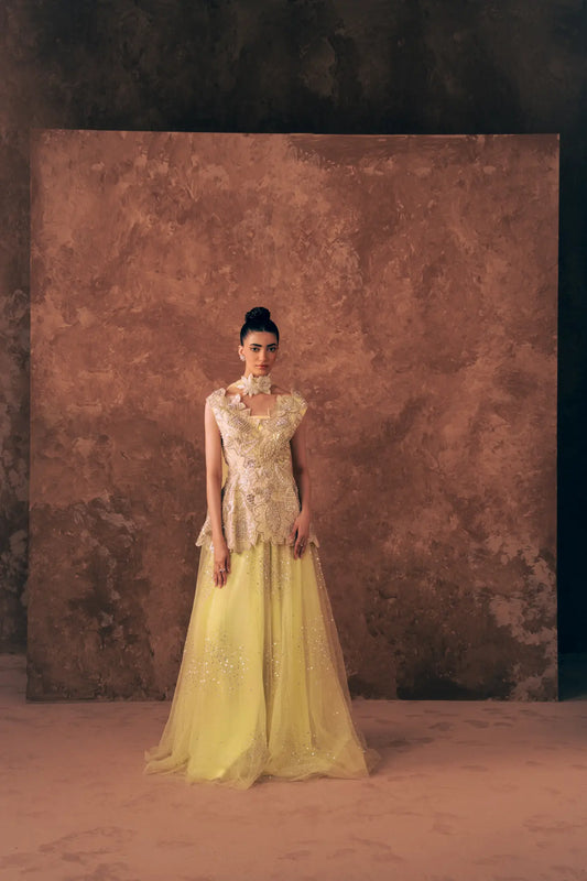 Blooming Dawn sleeveless embroidered peplum blouse with lemon yellow sequin net flared pants and floral choker dupatta