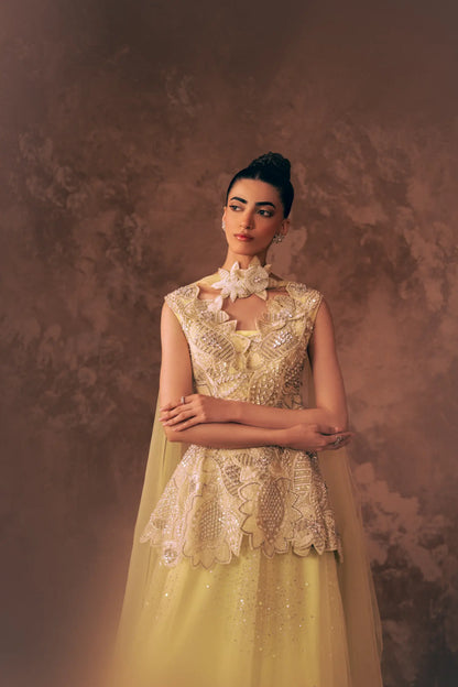 Blooming Dawn wedding formal dress with sleeveless embroidered peplum, floral choker, flared pants and flowing net dupatta cape