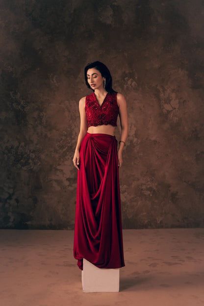Crimson formal dress for women with sequin cutwork jacket, embroidered V-neck blouse and draped skirt, full length front view