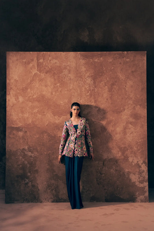 Full-length view of Vestis Pret Floral Fiesta 3 piece Pakistani formal dress with embroidered peplum and teal satin silk skirt