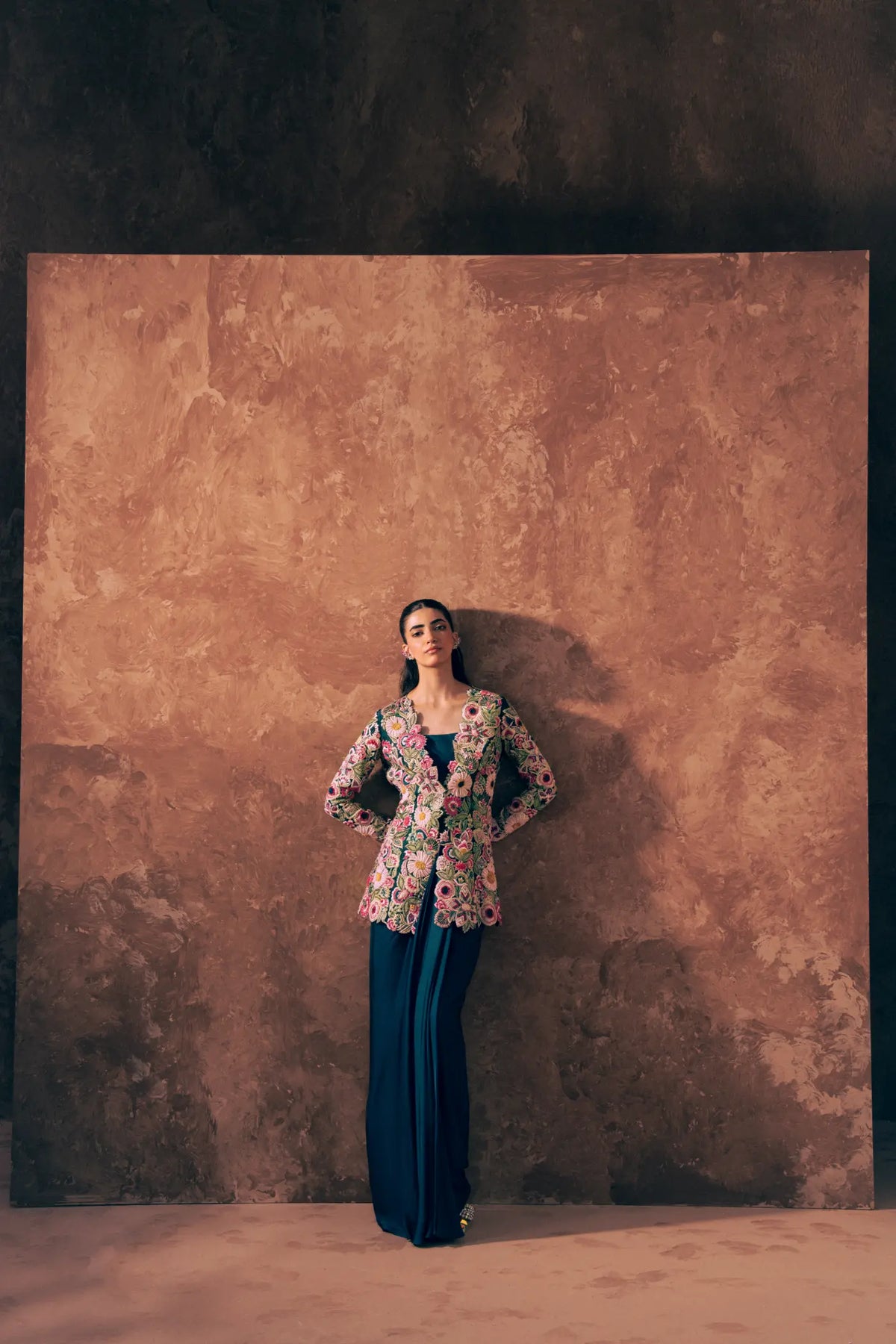Floral Fiesta 3 piece Pakistani wedding guest dress with embroidered peplum and draped teal satin silk skirt