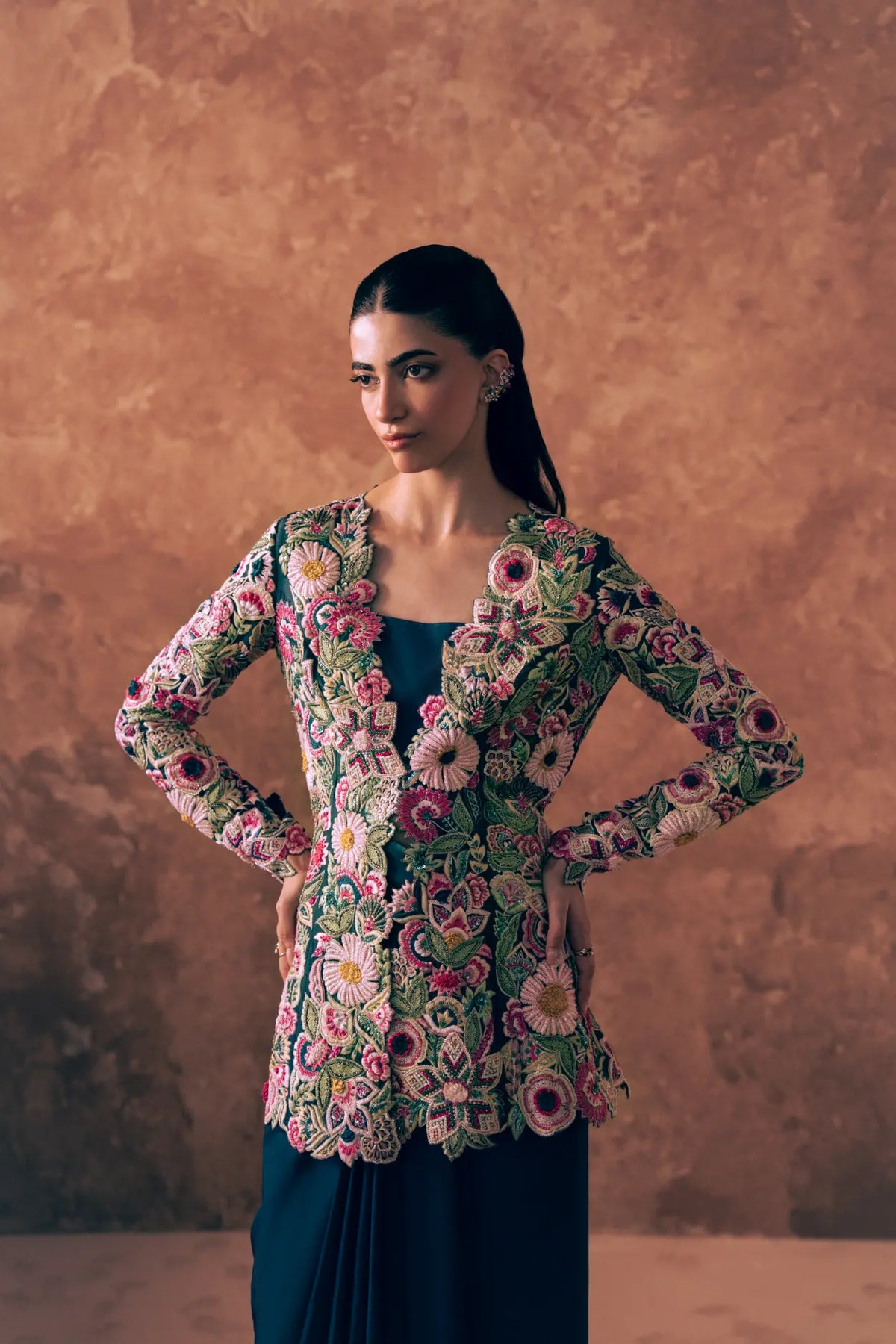 Embroidered Korean raw silk peplum with floral threadwork from Floral Fiesta luxury Pakistani party wear dress