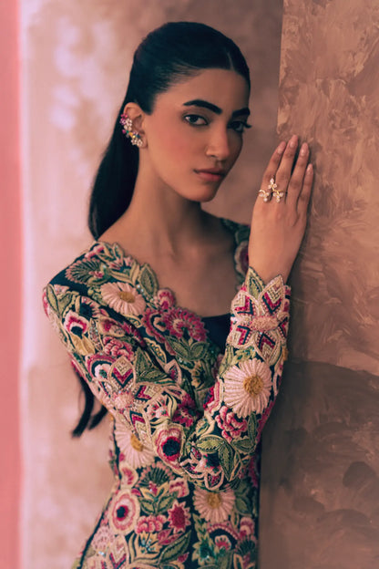 Floral Fiesta 3 piece Pakistani formal dress with hand-embroidered floral sleeve detail on teal raw silk