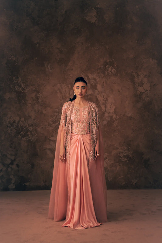 Woman wearing Vestis Pret Florence 3 piece Pakistani formal dress with embroidered cape, blouse and pleated pant, front view