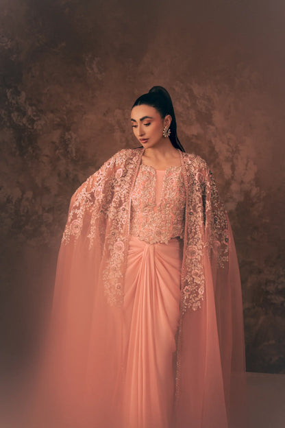 Florence Pakistani formal dress with sheer net cape, hand-embroidered floral blouse and pleated pant in blush pink