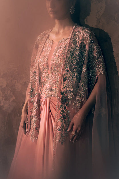Detail of Florence Pakistani party wear dress with beaded floral net cape, embroidered blouse and knot-draped pant