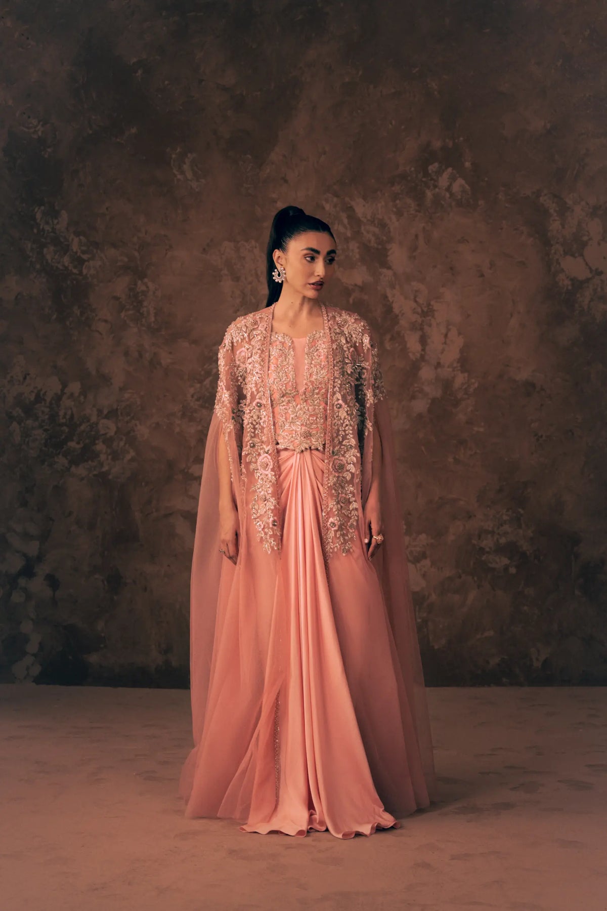 Florence Pakistani wedding guest dress with long flowing net cape, embroidered blouse and satin silk pleated pant