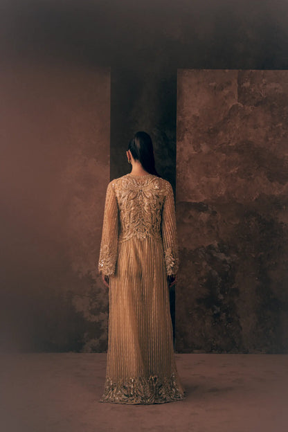 Back view of Vestis Pret Ivory Opulence 3 piece Pakistani formal dress showing embroidered jacket back and beaded stripes