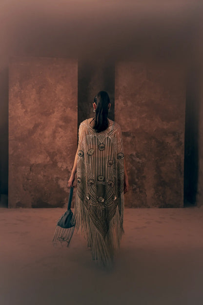 Back view of Vestis Pret Lunar Grace 3 piece Pakistani formal dress showing art deco beaded pattern and fringe on net cape
