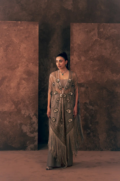 Lunar Grace Pakistani wedding guest dress with fringed net cape, blouse and Korean raw silk trouser