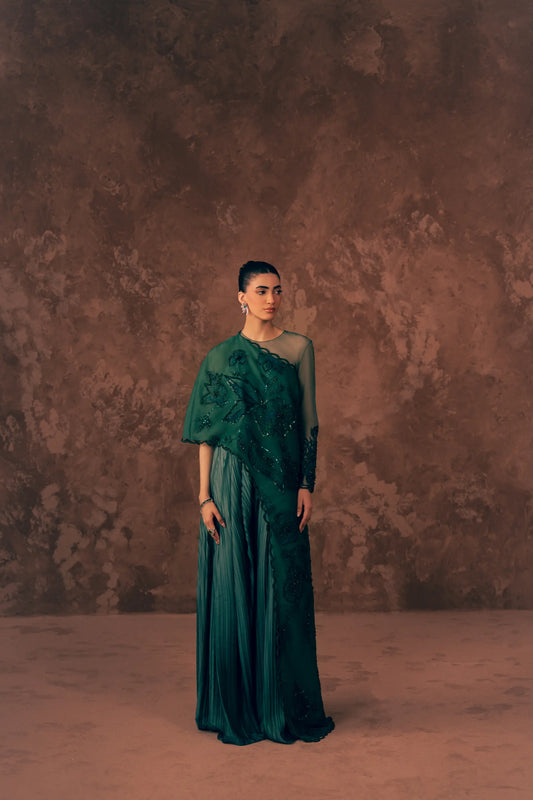 Full-length view of Vestis Pret Ocean Whisper 3 piece formal dress with emerald green embroidered organza cape and pleated silk trouser
