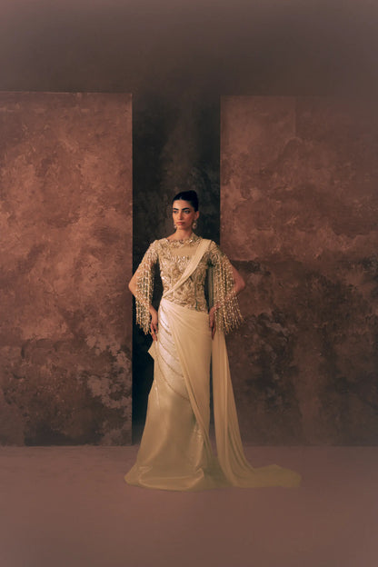 Full-length view of Vestis Pret Pearl Drapes 1 piece formal dress with pearl tassel sleeves, embroidered bodice and draped satin silk train
