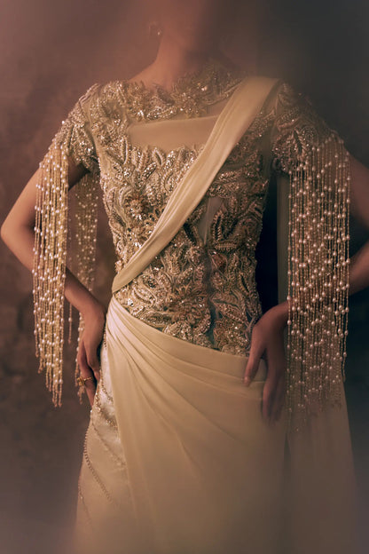 Pearl Drapes Pakistani wedding guest dress with beaded pearl tassel sleeves, floral embroidered bodice and draped waist